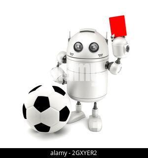 Roboter spielen Fußball isoliert auf weiß Stockfoto