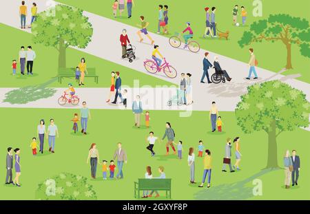 Familien und andere Menschen haben Freizeit in der Stadtpark-Illustration Stock Vektor