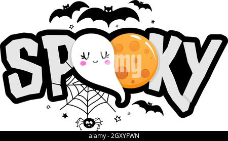 Spooky - Happy halloween Zitat auf weißem Hintergrund mit einer niedlichen hängenden Spinne, Zuckermais und gelbem Vollmond. Geeignet für T-Shirt, Becher, Banner, Geschenk, Stock Vektor