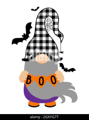 Entzückender Halloween Gnome mit Hexenbuh Text - Gnome mit Kürbis Laterne. Nordischer Zauberzwerg. Niedliche Feiertage Elf mit Hut. Vektorgrafik für Har Stock Vektor