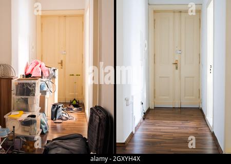 Raumaufdeckvorrichtung Vor Und Nach Dem Zimmer. Unordentliches Haus Stockfoto