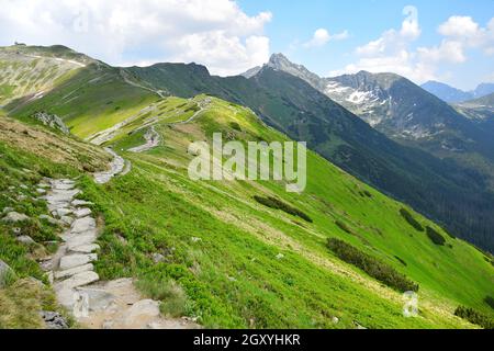 Der Weg vom Berg Kasprov führt entlang der polnisch-slowakischen Grenze. Hohe Tatra, Polen. Stockfoto