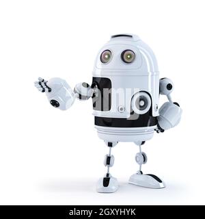 Android Roboter präsentiert ein unsichtbares Objekt. Isoliert Stockfoto