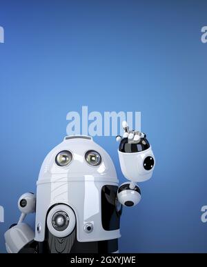 Roboter auf unsichtbares Objekt zeigen. Stockfoto