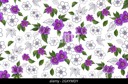 Floral seamless background pattern with different flowers and leaves. Botanical illustration  hand drawn. Textile print, fabric swatch, wrapping paper Stock Vektor