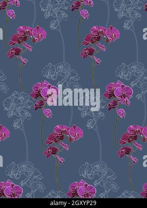 Florale nahtlose Hintergrund Muster mit Orchideen Blumen und Blätter. Botanische Illustration von Hand gezeichnet. Textildruck, Stoffmuster, Geschenkpapier. Stock Vektor