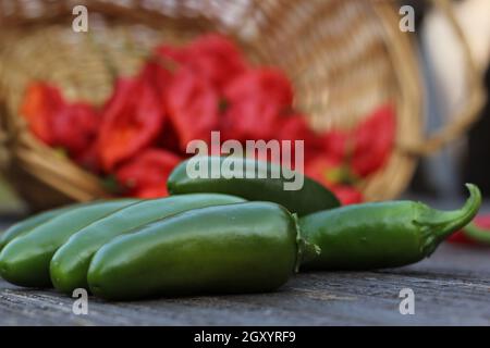 Jalapeno und Cayenne Peppers auf dem lokalen Bauernmarkt Stockfoto