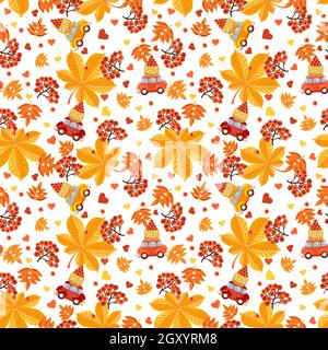 Nahtloses Muster mit roten Vogelbeeren, Herzen und Herbstblättern auf weißem Hintergrund. Für die Gestaltung von Geschenkpapier. Stock Vektor