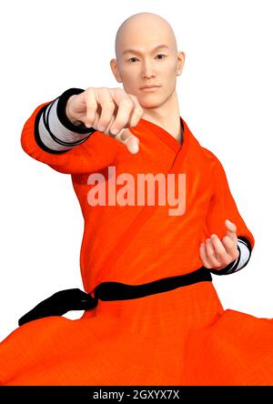 3D-Rendering eines Shaolin Mönch isoliert Trainieren auf weißem Hintergrund Stockfoto