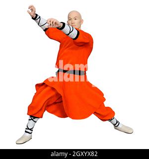 3D-Rendering eines Shaolin Mönch isoliert Trainieren auf weißem Hintergrund Stockfoto