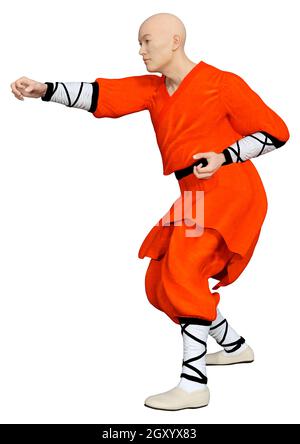 3D-Rendering eines Shaolin Mönch isoliert Trainieren auf weißem Hintergrund Stockfoto