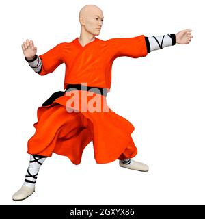 3D-Rendering eines Shaolin Mönch isoliert Trainieren auf weißem Hintergrund Stockfoto