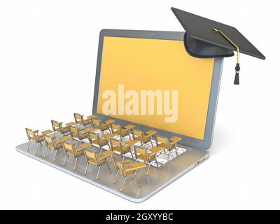 Die 3D-Darstellung der Schreibtische im Klassenzimmer auf der Tastatur des Laptops wird auf weißem Hintergrund isoliert dargestellt Stockfoto