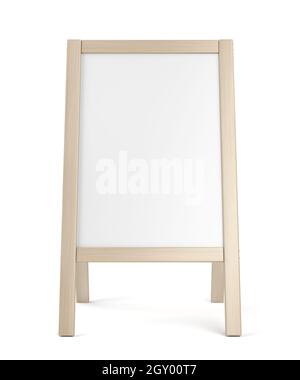 Leerer Werbeständer mit Holzrahmen auf weißem Hintergrund Stockfoto
