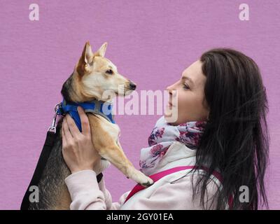 Erwachsene nette Frau geht den kleinen Hund im Frühling Stockfoto