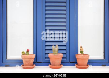 Haus auf der Insel La Graciosa mit typisch Lanzarote façade - weiß gewaschen mit blauem Rahmen Stockfoto
