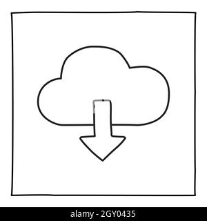 Doodle Cloud Download-Symbol oder -Logo, handgezeichnet mit dünner schwarzer Linie. Grafikdesign-Element auf weißem Hintergrund isoliert. Vektorgrafik Stockfoto