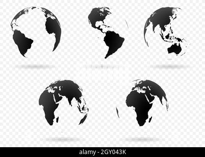 Satz von Earth Globus Symbol in verschiedenen Ansichten. Sehr detaillierte Bilder der Kontinente mit transparenten Teilen. Vector Illustration Stockfoto