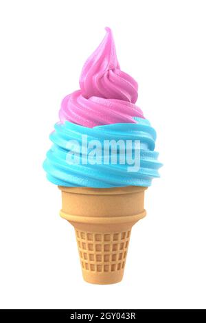 Weiches Eiscreme in Waffelkegel, rosa Beere und blaue Minze Geschmack, auf weißem Hintergrund gelötet. 3D Abbildung Stockfoto