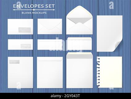 Leere Umschläge in 3 Ansichten, Vorder- und Rückseite geschlossen und geöffnet. Zwei Papiermockups, mit gewellter Ecke und abgerissenen Seiten. Fotorealistische Vektordarstellung. Stockfoto