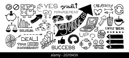 Doodle Business-Symbole in Bannerform, handgezeichnet mit dünner Linie. Vektorgrafik isoliert auf weißem Hintergrund Stockfoto