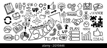 Doodle Business-Symbole in Bannerform, handgezeichnet mit dünner Linie. Vektorgrafik isoliert auf weißem Hintergrund Stockfoto