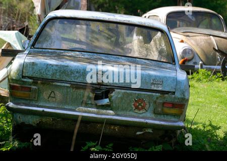 Autowrack auf einer Wiese, Österreich Stockfoto