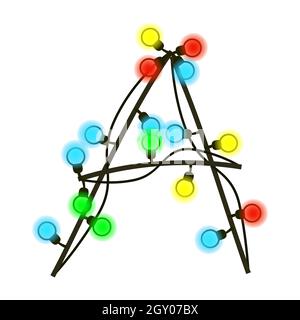 Großbuchstabe A aus Girlande auf Weiß isoliert. Farbige Glühlampen auf Drähten. Weihnachten handgeschriebene Schriftart für Text oder Logo. Vektor EPS 10. Stock Vektor