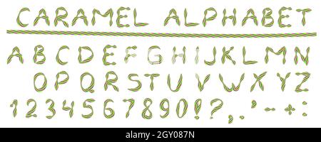 Lateinisches Alphabet aus Karamell-Bonbons, isoliert auf Weiß. Schrift aus gebogenen farbigen Streifen. Großbuchstaben und Satzzeichen. Festliche Handschrift Stock Vektor
