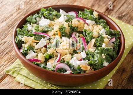 Gesunder, schmackhafter Salat aus Quinoa, Zwiebeln, Grünkohl, Feta und Mandeln in einer Schüssel auf dem Tisch. Horizontal Stockfoto