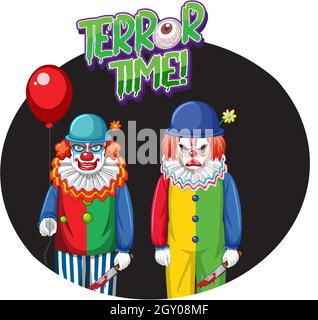 „Terror Time“-Abzeichen mit zwei gruseligen Clowns-Illustrationen Stock Vektor