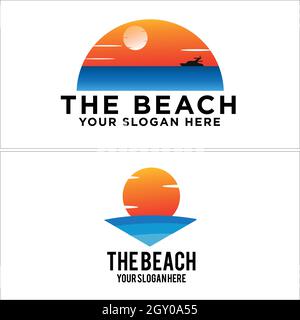 Set mit Logo für den Sonnenuntergang am Strand Stock Vektor