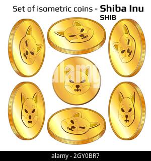 Satz Goldmünzen Shiba Inu SHIB in isometrischer Ansicht isoliert auf Weiß. Vektorgrafik. Stock Vektor