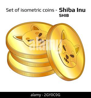 Satz Goldmünzen im Stapel Shiba Inu SHIB in isometrischer Ansicht isoliert auf Weiß. Vektorgrafik. Stock Vektor