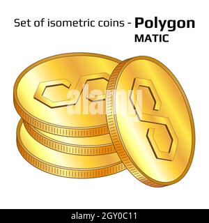 Satz Goldmünzen im Stapel Polygon MATIC in isometrischer Ansicht isoliert auf Weiß. Vektorgrafik. Stock Vektor