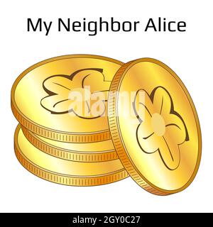 Satz Goldmünzen im Stapel My Neighbor Alice in isometrischer Ansicht isoliert auf Weiß. Vektorgrafik. Stock Vektor