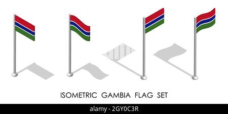 Isometrische Flagge von GAMBIA in statischer Position und in Bewegung auf Fahnenmast. 3d-Vektor Stock Vektor