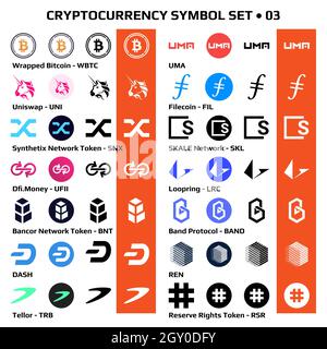 Set 03 von isolierten Kryptowährungssymbolen, digitalen Münzen Symbole in monochrom und Farbe. Vektorgrafik. Stock Vektor