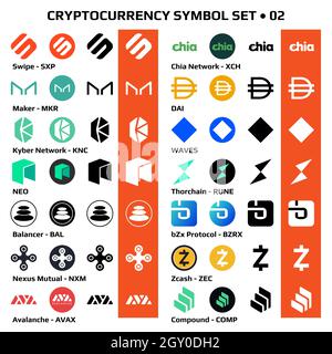 Set 02 von isolierten Kryptowährungssymbolen, digitalen Münzen Symbole in monochrom und Farbe. Vektorgrafik. Stock Vektor
