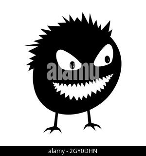 Die Silhouette einer bösen runden Kreatur mit scharfen Zähnen und großen Augen auf dünnen Beinen. Isolierter Vektor auf weißem Hintergrund. Stockfoto