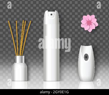 Lufterfrischer Verpackung Sprühflasche, Hauptduft Reed Diffusor Mockup Set, Vektor-Illustration. Deodorant im Zimmer. Stock Vektor
