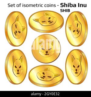 Satz Goldmünzen Shiba Inu SHIB in isometrischer Ansicht isoliert auf Weiß. Vektorgrafik. Stockfoto