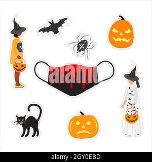 Vektor-Illustration Happy Halloween Party Sticker Set Kinder tragen festliche Kleidung Trick or Treat. Jack O'Lantern. Feiern. Kürbis Fledermaus Spinnenkatze Stock Vektor