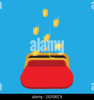 Vector Illustration goldenen Münzen in rot Retro Geldbörse fallen auf blauem Hintergrund isoliert. Dollar fallen in offenen Geldbeutel. Geld sparen Konzept Stock Vektor