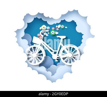 Fahrrad mit Blumenkorb innen aus Papier geschnitten Herzform Wolken, Vektor-Illustration. Ich liebe das Fahrrad. Valentinskarte. Stock Vektor