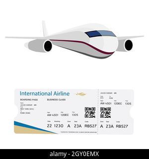 Weltreise- und Tourismuskonzept. Bordkarte der Fluggesellschaft mit QR2-Code-Design-Vorlage und Flugzeug, das am Himmel fliegt Stock Vektor