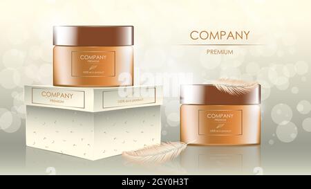 Realistische Cremetöschen mit Federn, Banner mit Platz für die Kosmetologie und Hautpflege auf blendendem Hintergrund. Werbelayout Beauty-Produkt. Vect Stockfoto