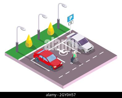 Mann im Rollstuhl auf barrierefreien Parkplätzen für Autos, Vektor-isometrische Abbildung. Parkplatz für Behinderte. Stock Vektor