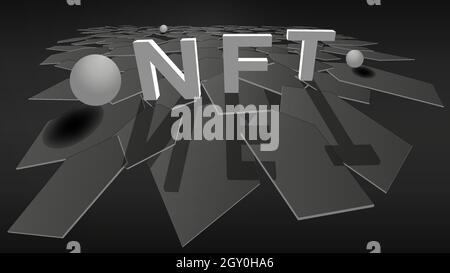 3D NFT nicht fungible Token auf stilvollem polygonalem Hintergrund mit Ebene aus Sechsecken und Kugeln. Zahlen Sie für einzigartige Sammlerstücke in Spielen oder Kunst. Vektor-Illust Stock Vektor