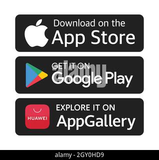 Antalya, Türkei - 6. Oktober 2021: Download im App Store, Download auf Google Play, Entdecken Sie es auf Huawei AppGallery Button Icons, gedruckt auf Papier Stockfoto